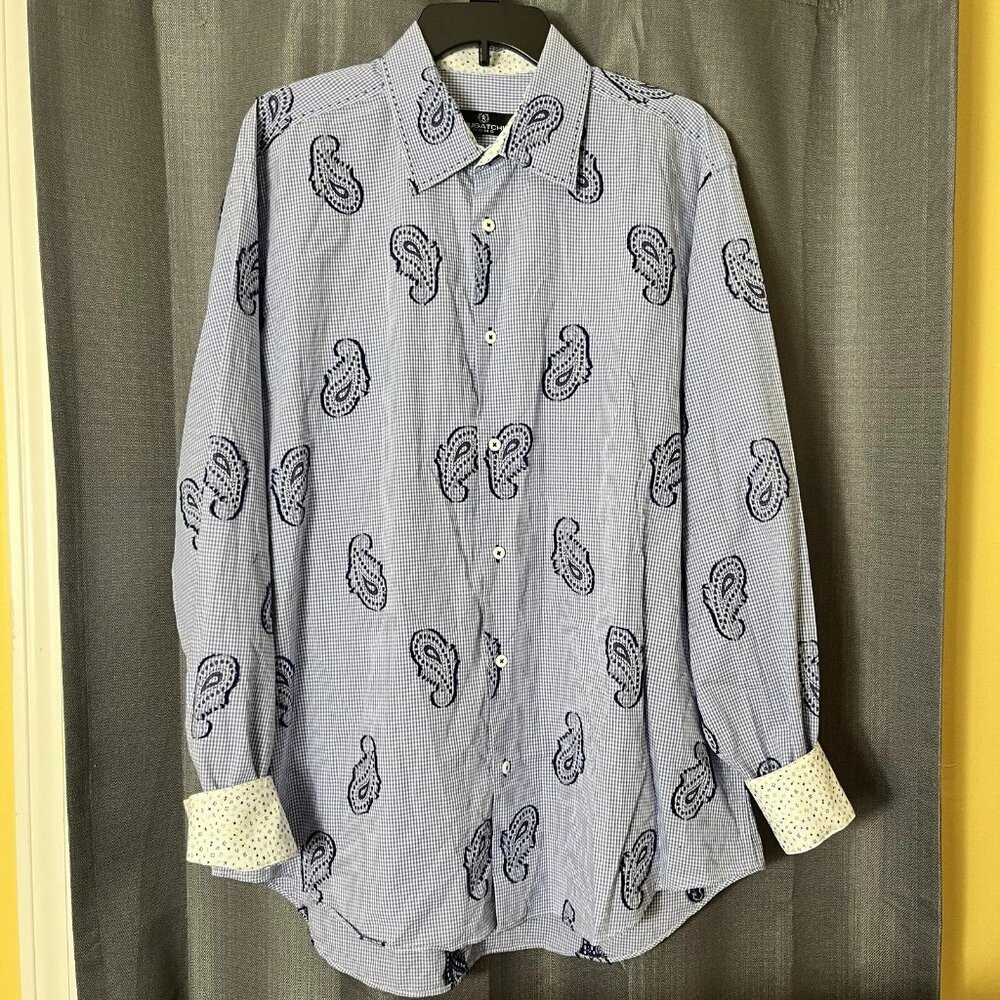 Bugatchi Uomo‎ Button Shirt Mens Size XL Flip Cuff Blue Paisley Embroidered GUC